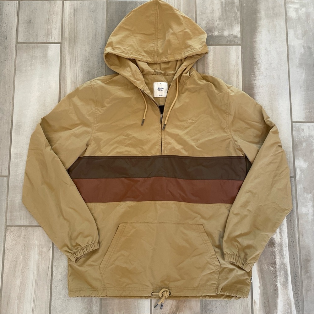 Katin Sunline Jacket Size Medium Pullover Nylon Shell Brass Tan Stripe 1/4 Zip